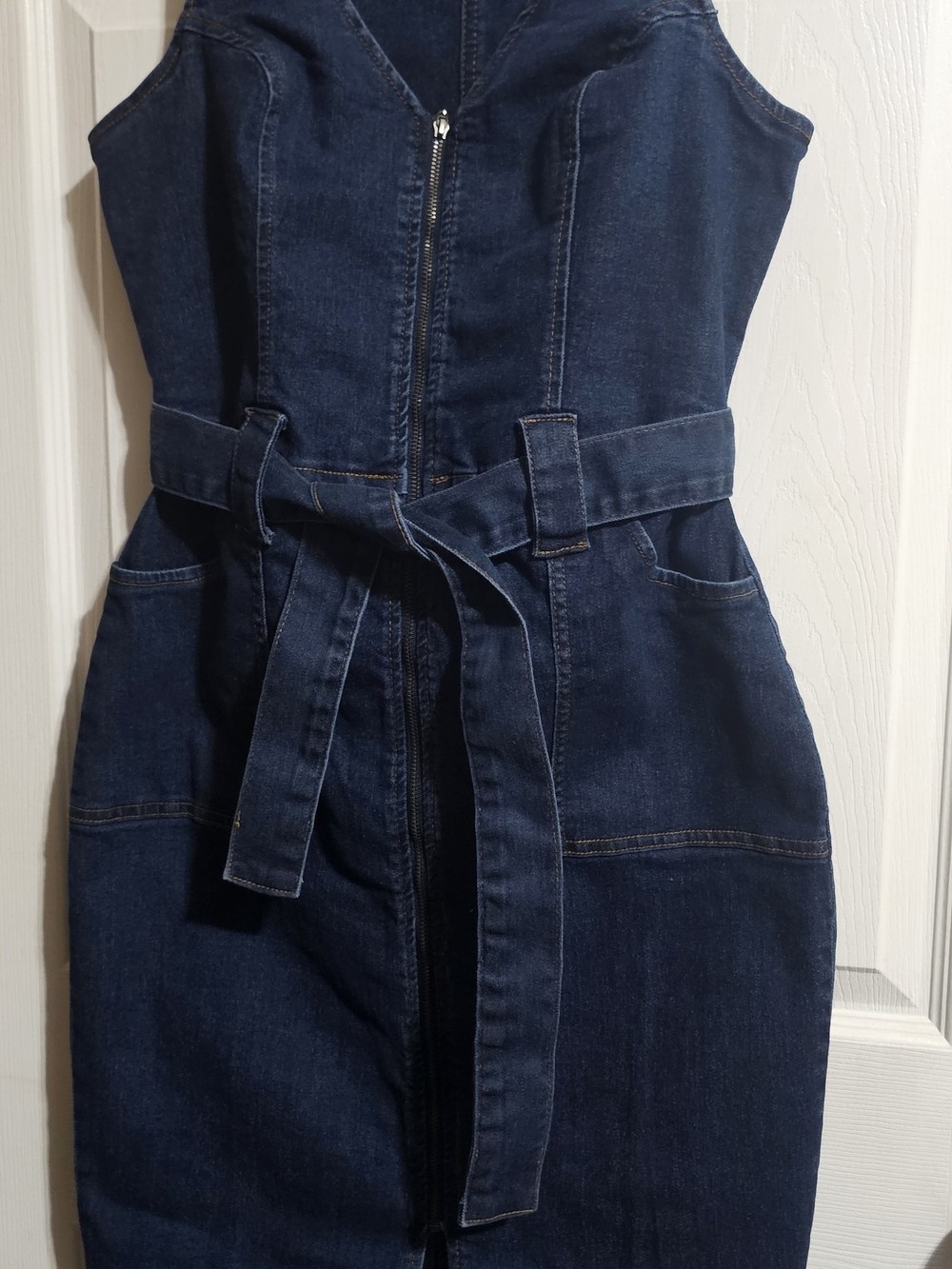 VENUS Dark Blue Denim Zip-Front Belted Overall Dress